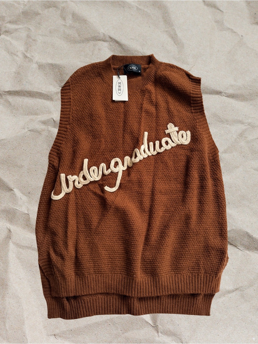 Cider Thanksgiving Oversized Sweater Vest Brown Cream Embroidered Knit NWT M